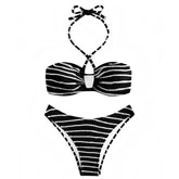 Black & White Striped Bandeau Halter Ribbed 2 Piece Bikini Set